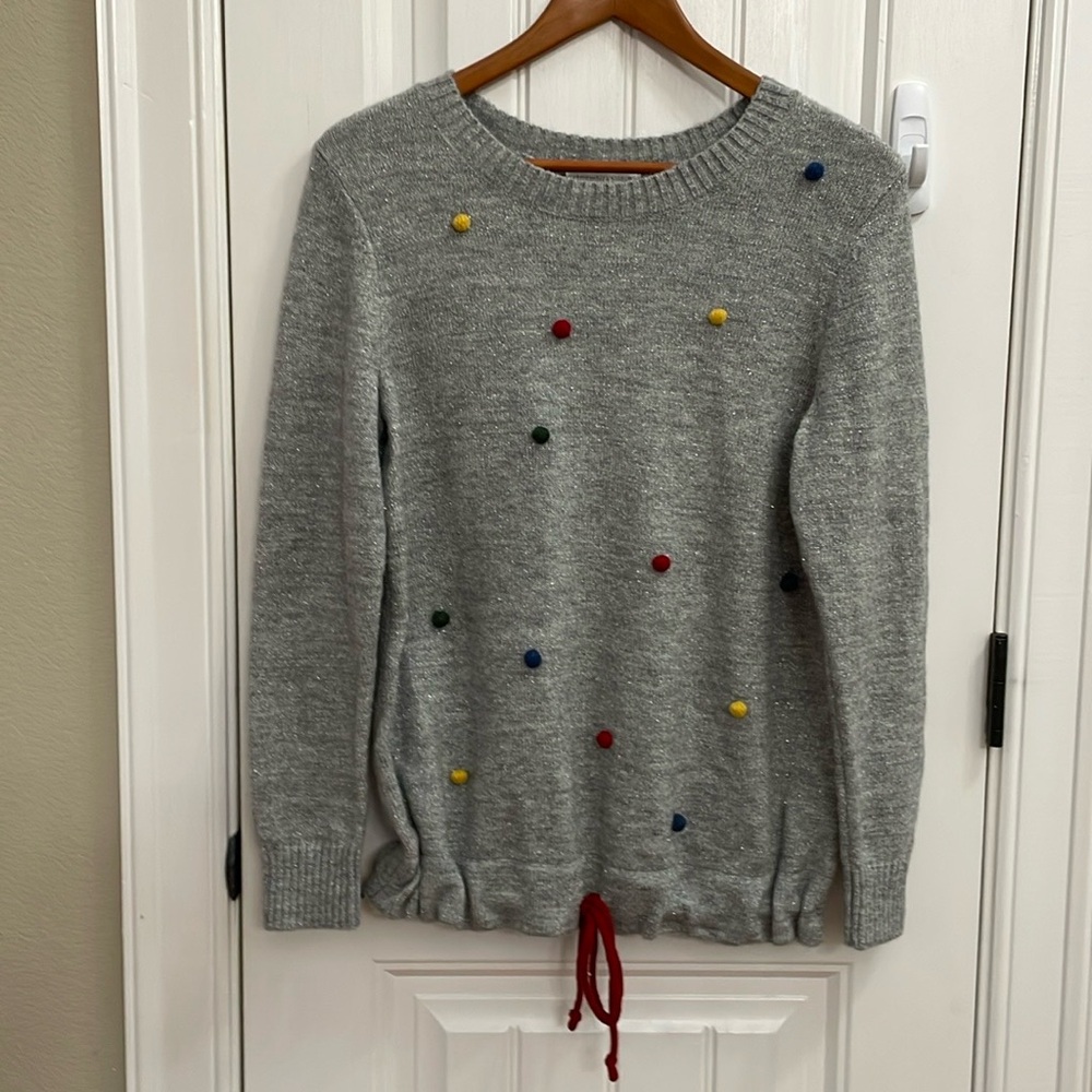 🎉CHRISTOPHER & BANKS gray silver shimmer Pom Pom sweater.  S